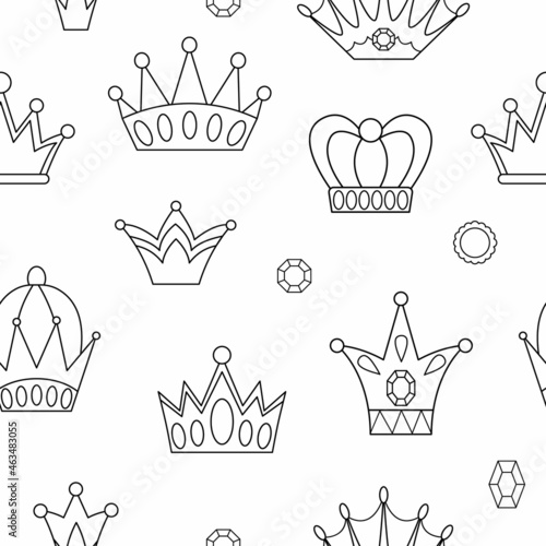 Black and white fairy tale crowns seamless pattern. Vector line repeat background with fantasy king or queen accessories. Digital paper with authority symbols. Medieval fairytale royal jewelry texture