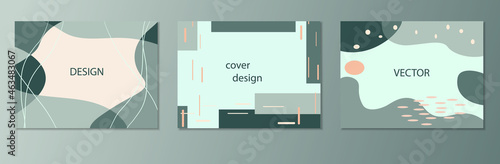 Set of abstract horizontal vector backgrounds in green and beige colors in trendy memphis style