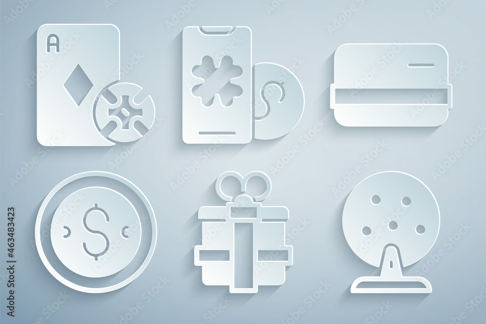 Set Gift box, Credit card, Coin money with dollar, Lottery machine, Online poker table game and Casino chip and playing cards icon. Vector Set Gift box, Credit card, Coin money with dollar, Lottery machine, Online poker table game and Casino chip and playing cards icon. Vector