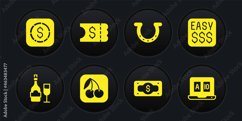 Set Champagne bottle with glass, Money prize in casino, Slot machine cherry, Stacks paper money cash, Horseshoe, Lottery ticket, Online poker table game and Coin dollar icon. Vector Set Champagne bottle with glass, Money prize in casino, Slot machine cherry, Stacks paper money cash, Horseshoe, Lottery ticket, Online poker table game and Coin dollar icon. Vector