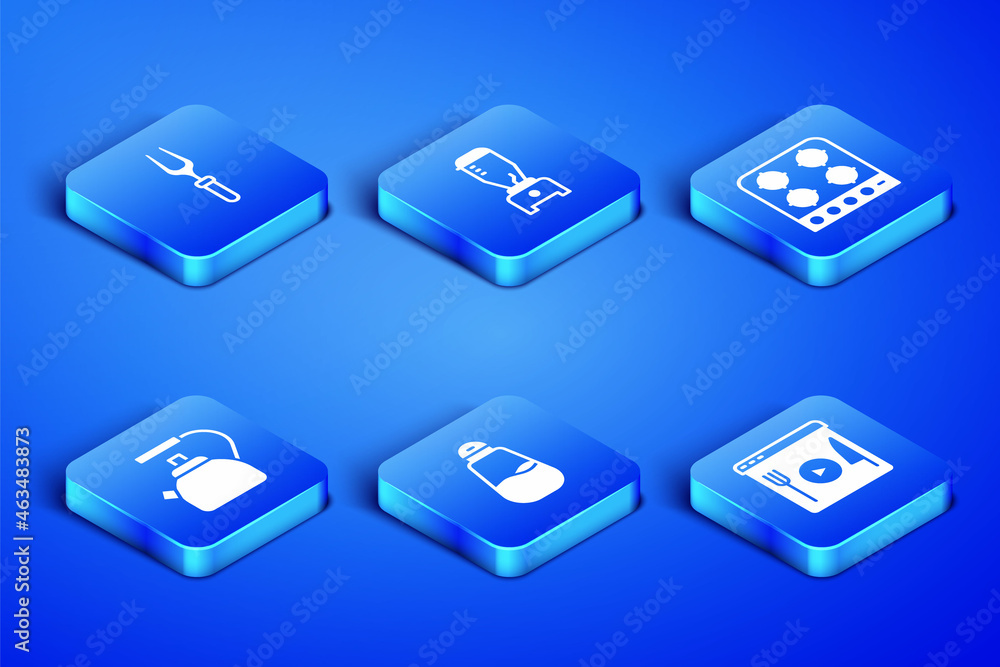 Set Cooking live streaming, Barbecue fork, Salt, Kettle with handle, Blender and Gas stove icon. Vector Set Cooking live streaming, Barbecue fork, Salt, Kettle with handle, Blender and Gas stove icon. Vector
