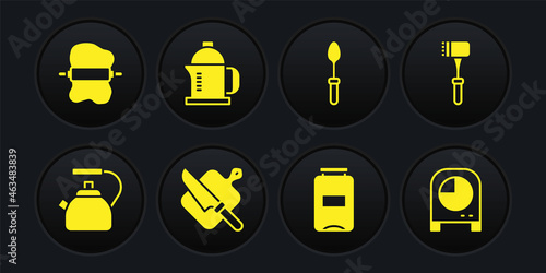 Set Kettle with handle, Kitchen hammer, Cutting board knife, Jam jar, Teaspoon, French press, timer and Rolling pin dough icon. Vector