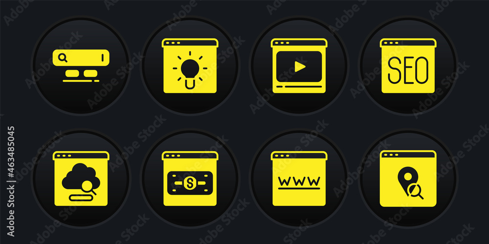 Set Cloud technology data transfer, SEO optimization, Online shopping screen, Browser window, play video, Infographic of city map and Search engine icon. Vector Set Cloud technology data transfer, SEO optimization, Online shopping screen, Browser window, play video, Infographic of city map and Search engine icon. Vector