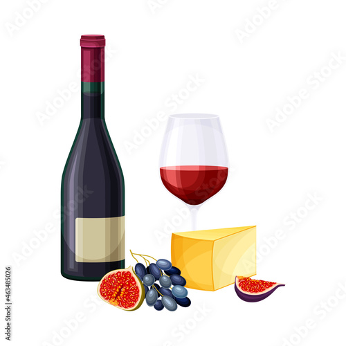 Wine Bottle and Glass with Alcoholic Drink with Cheese and Grapes Rested Nearby Vector Illustration