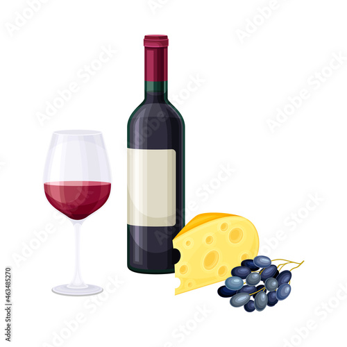 Wine Bottle and Glass with Alcoholic Drink Served with Cheese and Grapes Vector Illustration