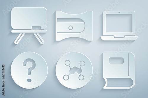 Set Chemical formula, Laptop, Speech bubbles with Question, Book, Pencil sharpener and Chalkboard icon. Vector