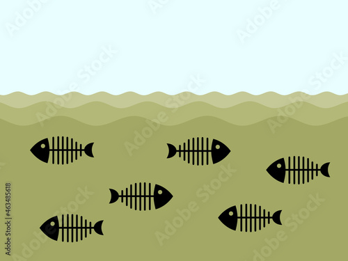 Dead fish in dirty, polluted, poisoned and contaminated water. Environmental and ecological catastophe and disaster. Animals are killed by poison, toxicity and pollution in the river, sea or ocean.
