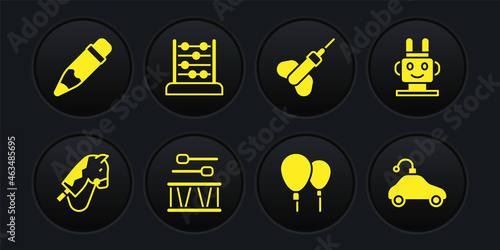 Set Toy horse, Robot toy, Drum with drum sticks, Balloons, Dart arrow, Abacus, Radio controlled car and Pencil eraser icon. Vector
