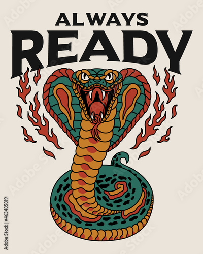 Green Cobra Snake Old School Traditional Tattoo Style Illustration with A Slogan Artwork on White Background for Apparel and Other Uses