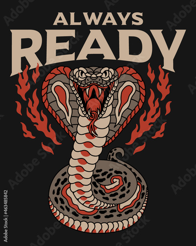 Gray Cobra Snake Old School Traditional Tattoo Style Illustration with A Slogan Artwork on Black Background for Apparel and Other Uses