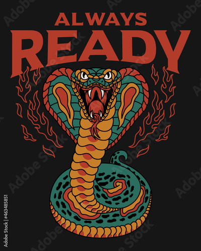 Green Cobra Snake Old School Traditional Tattoo Style Illustration with A Slogan Artwork on Black Background for Apparel and Other Uses