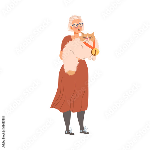 Senior Woman Holding Her Cat Pet with Golden Medal on Its Neck Vector Illustration