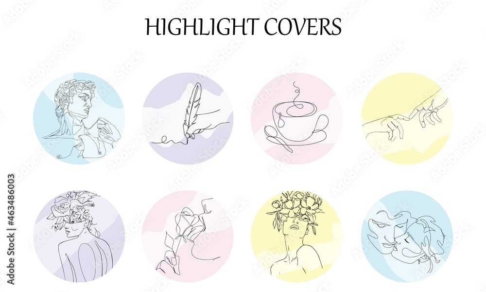 Vector collection of highlight covers for social media with one line elements. Continuous line art in minimalistic style for social media. Set of pastel background with line art for social network