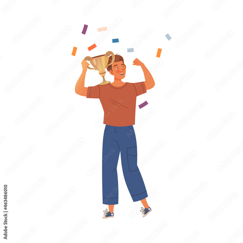 Excited Man Winner Holding Cup Award and Smiling Vector Illustration Excited Man Winner Holding Cup Award and Smiling Vector Illustration