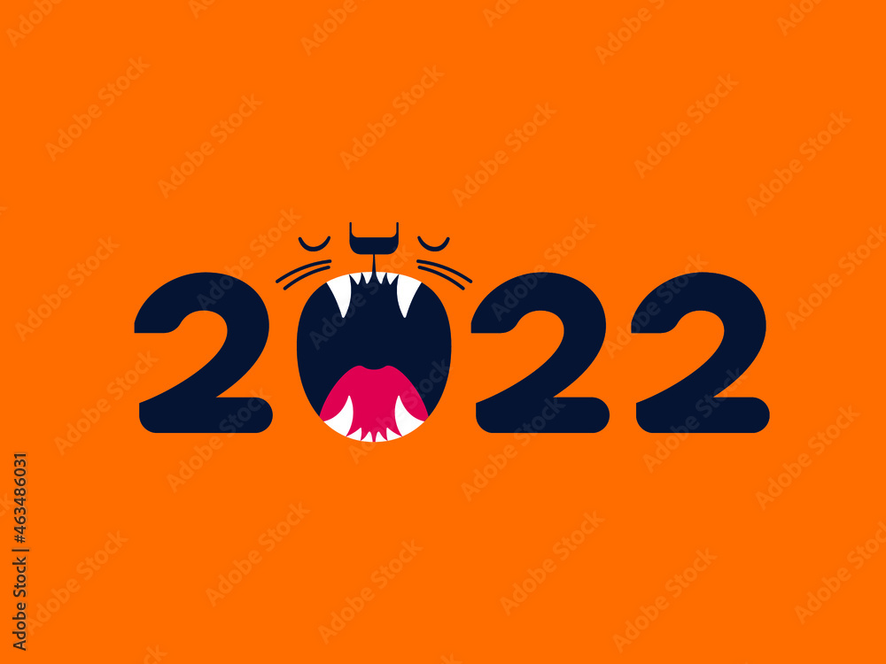 Fototapeta Happy Chinese New Year 2022. Cartoon cute roaring tiger head with 2022 year words. Tiger is Zodiac symbol of 2022 New year. Greeting card with text Happy New Year. EPS vector illustration.