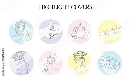 Vector collection of highlight covers for social media with one line elements. Continuous line art in minimalistic style for social media. Set of pastel background with line art for social network © Viktoriia