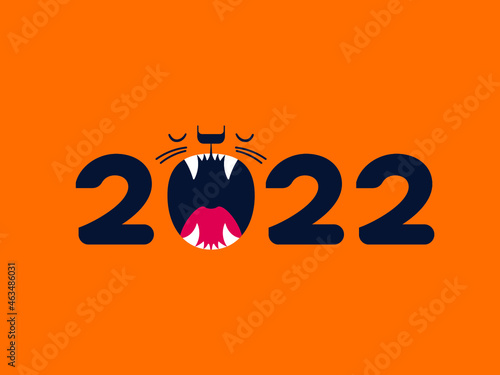 Happy Chinese New Year 2022. Cartoon cute roaring tiger head with 2022 year words. Tiger is Zodiac symbol of 2022 New year. Greeting card with text Happy New Year. EPS vector illustration.