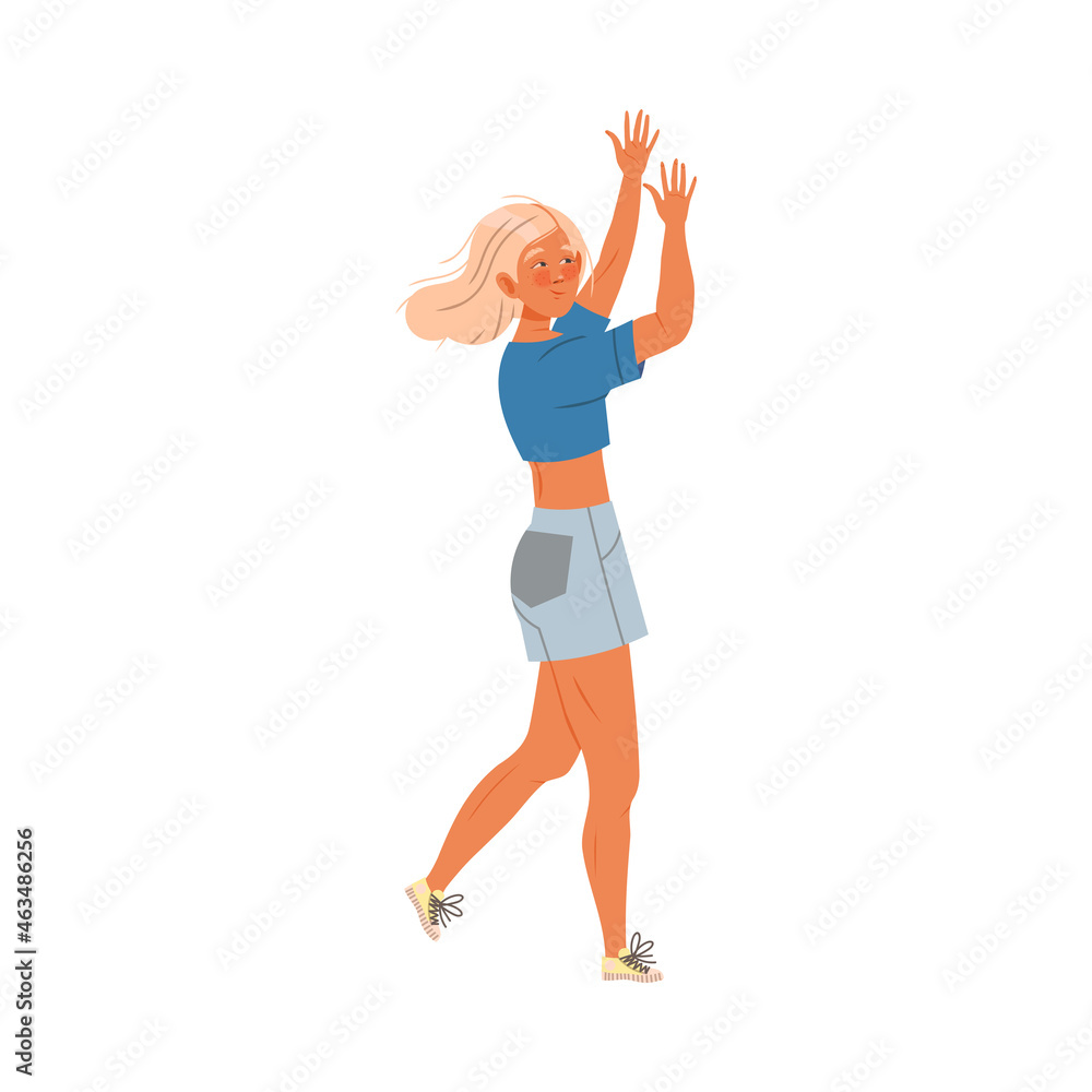 Excited Blond Woman in Denim Shorts with Raised Hands Cheering About Something Vector Illustration Excited Blond Woman in Denim Shorts with Raised Hands Cheering About Something Vector Illustration