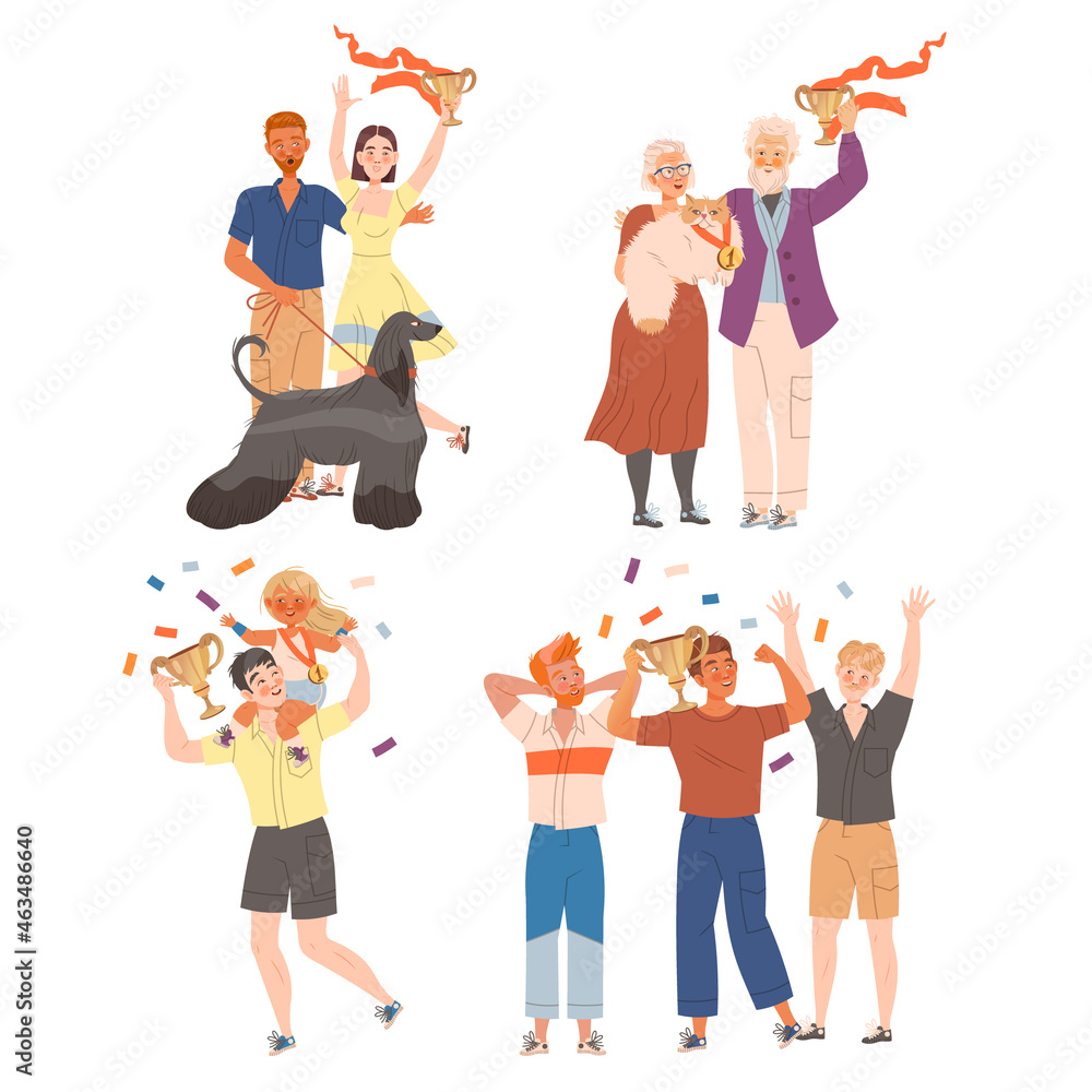 Obraz premium Excited People Winner Character Holding Cup Award and Smiling Vector Illustration Set