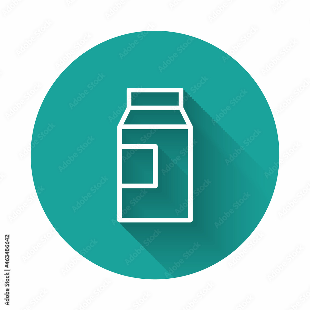 White line Paper package for milk icon isolated with long shadow. Milk packet sign. Green circle button. Vector White line Paper package for milk icon isolated with long shadow. Milk packet sign. Green circle button. Vector