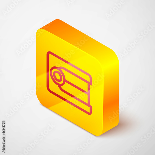 Isometric line Dentures model icon isolated on grey background. Dental concept. Yellow square button. Vector
