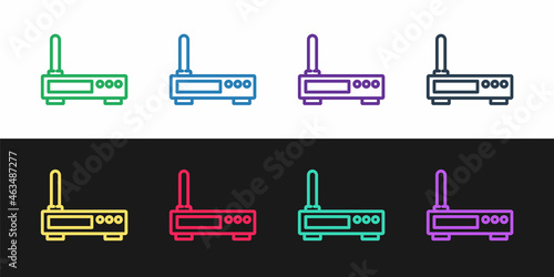 Set line Router and wi-fi signal icon isolated on black and white background. Wireless ethernet modem router. Computer technology internet. Vector