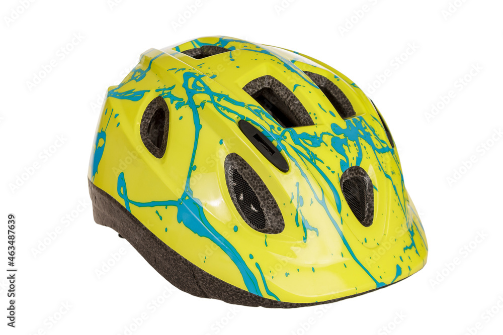 Fototapeta premium Bicycle helmet for road and city trips, ventilated, lightweight, child safety on the road, isolated on a white background