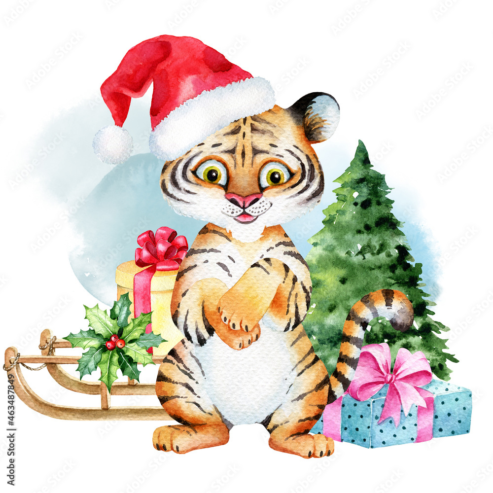 Watercolor Tiger character, New Year 2022 symbol, Cute baby tiger Watercolor Tiger character, New Year 2022 symbol, Cute baby tiger