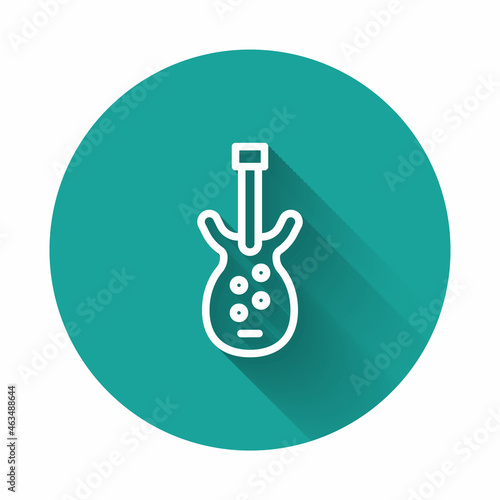 White line Electric bass guitar icon isolated with long shadow. Green circle button. Vector