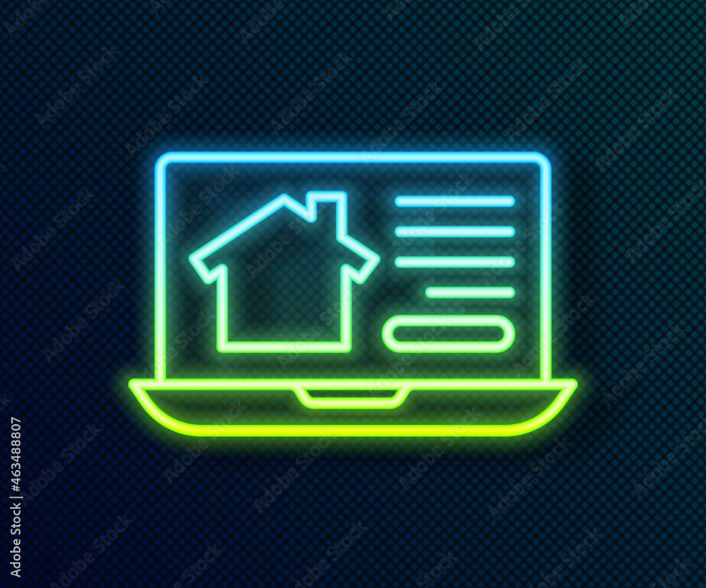 Glowing neon line Online real estate house on laptop icon isolated on black background. Home loan concept, rent, buy, buying a property. Vector Glowing neon line Online real estate house on laptop icon isolated on black background. Home loan concept, rent, buy, buying a property. Vector
