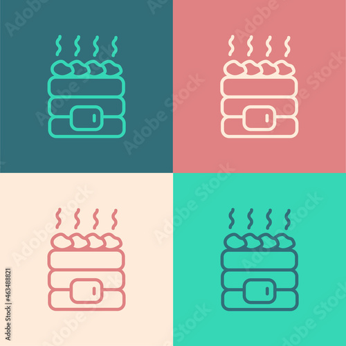 Pop art line Hot sauna stones icon isolated on color background. Spa resort recreation, bathhouse relaxation. Hot stones on electric heater. Vector
