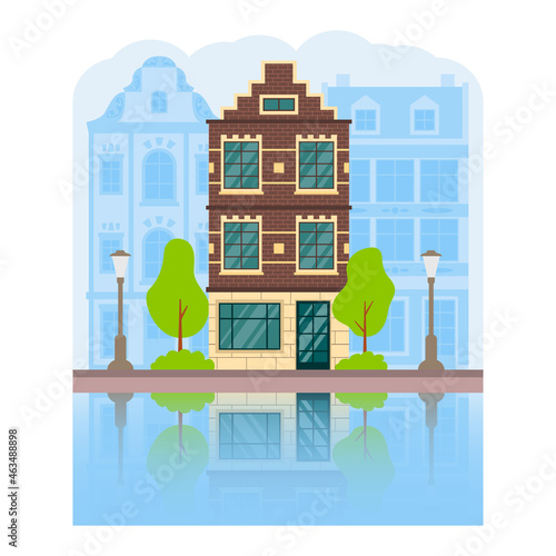 City apartment house summer Amsterdam.Building facade.Vector flat illustration.
