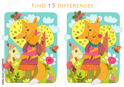 Find 15 differences. Educational game for children. Cartoon vector illustration. Mother Fox and baby Fox