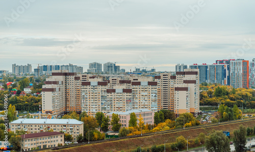 Residential neighborhoods of a Russian city. Residential areas with high-rise buildings. Kazan, top view. 