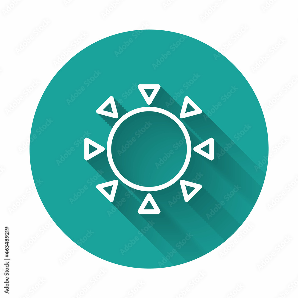 White line Sun icon isolated with long shadow background. Summer symbol. Good sunny day. Green circle button. Vector White line Sun icon isolated with long shadow background. Summer symbol. Good sunny day. Green circle button. Vector