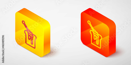Isometric line Honey dipper stick with dripping honey icon isolated on grey background. Honey ladle. Yellow and orange square button. Vector
