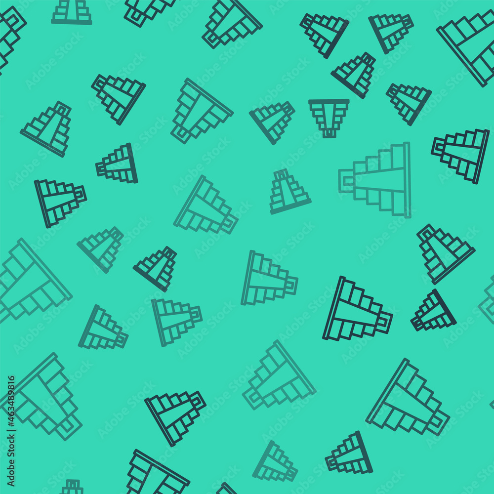Black line Chichen Itza in Mayan icon isolated seamless pattern on green background. Ancient Mayan pyramid. Famous monument of Mexico. Vector Black line Chichen Itza in Mayan icon isolated seamless pattern on green background. Ancient Mayan pyramid. Famous monument of Mexico. Vector