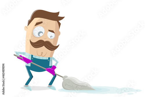 funny cartoon man wiping the floor