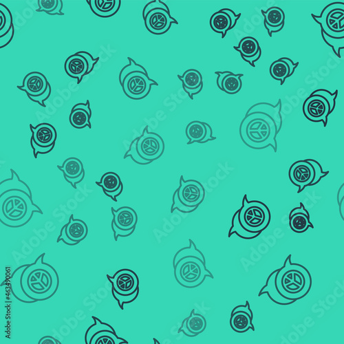 Black line Peace icon isolated seamless pattern on green background. Hippie symbol of peace. Vector