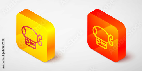 Isometric line Airship icon isolated on grey background. Yellow and orange square button. Vector