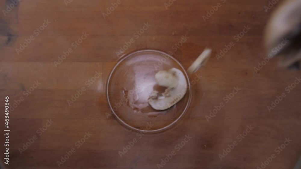 mushroom falling into glass bowl slow motion mushroom falling into glass bowl slow motion
