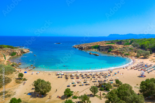Aerial view of famous beach Agioi Apostoloi, Chania, Crete, Greece. © gatsi