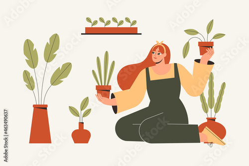Woman caring about plants in the house garden. Happy cute young girl holding pots with green houseplants at home. Crazy plant lady, gardener growing flowers. Isolated flat vector illustration