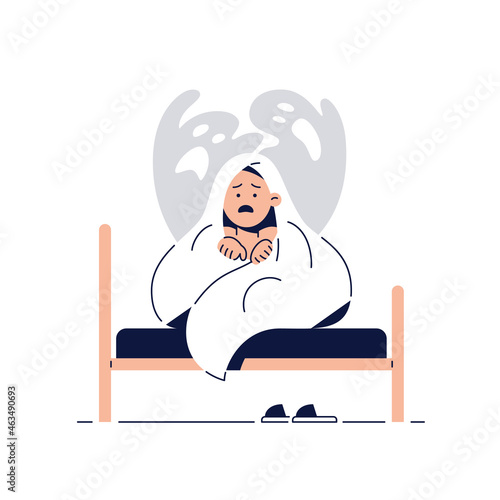 Nightmares in Children vector illustration. Scared little boy is hiding under blanket from ghost, frightened of monster from a nightmare. Kids' fears, childhood nightmare concept for web.Flat design