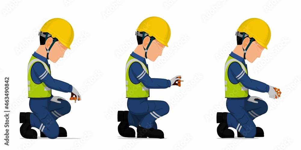 set of industrial worker with valve handle on white background