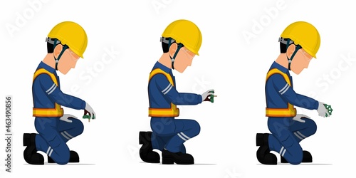 set of industrial worker with valve handle on white background