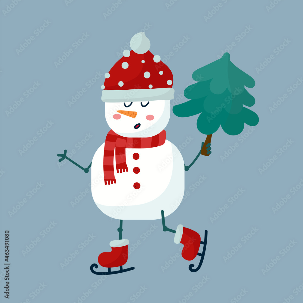 A snowman with a Christmas tree in his hand. A character from the snow is skating. A postcard or poster for the New year or Christmas with a cheerful little man. Vector illustration