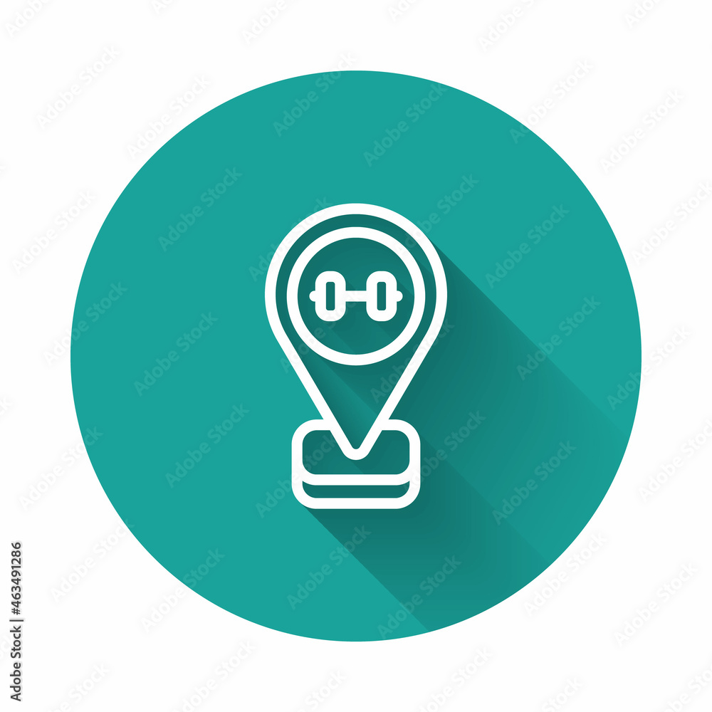 White line Location gym icon isolated with long shadow background. Green circle button. Vector White line Location gym icon isolated with long shadow background. Green circle button. Vector