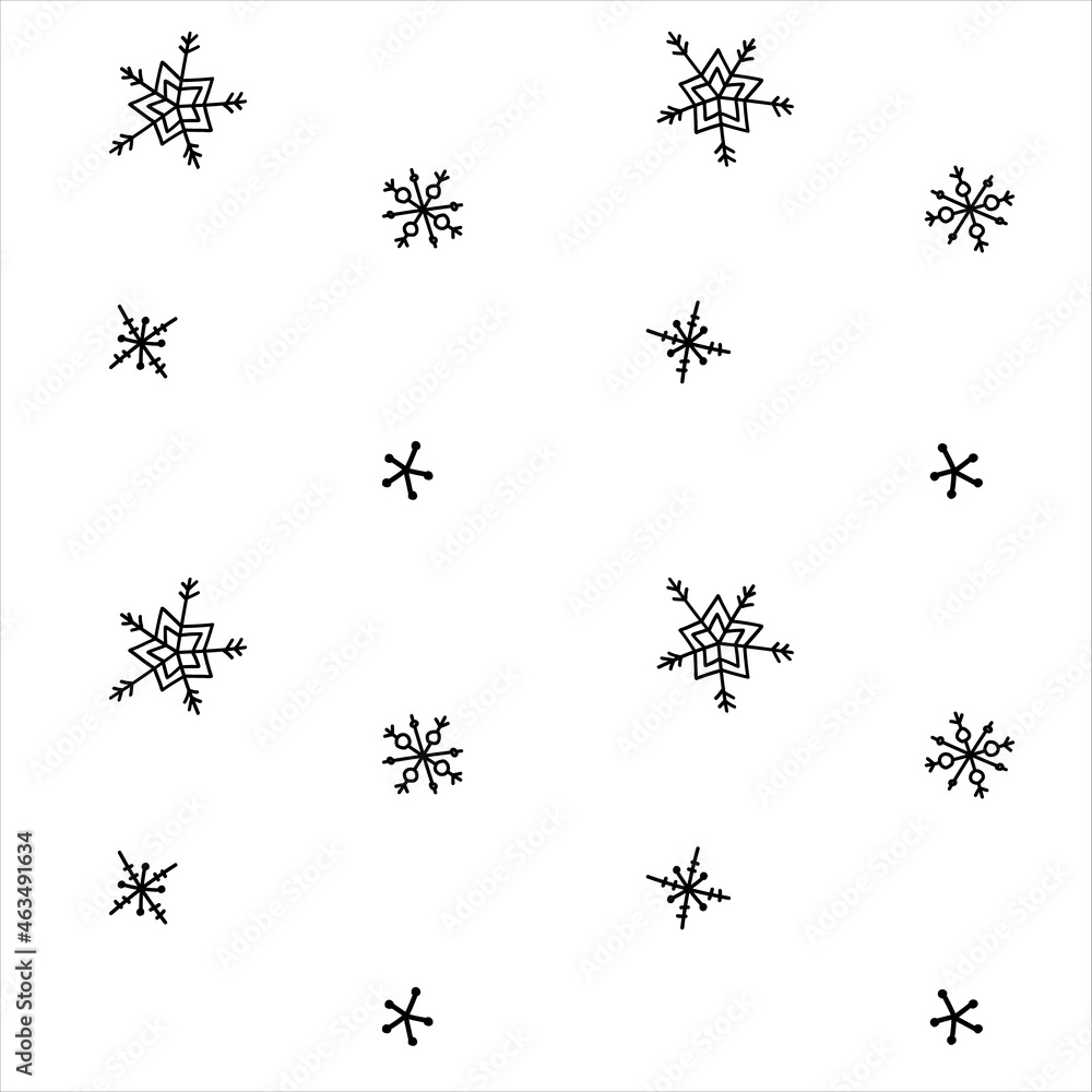 Snowflake simple seamless pattern. Black snow on white background. Abstract wallpaper, wrapping decoration. Symbol of winter, Merry Christmas holiday, Happy New Year celebration Vector illustration Snowflake simple seamless pattern. Black snow on white background. Abstract wallpaper, wrapping decoration. Symbol of winter, Merry Christmas holiday, Happy New Year celebration Vector illustration