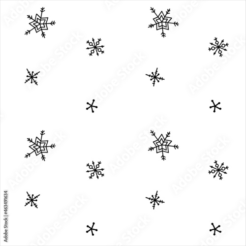 Snowflake simple seamless pattern. Black snow on white background. Abstract wallpaper, wrapping decoration. Symbol of winter, Merry Christmas holiday, Happy New Year celebration Vector illustration © Таня Мигунова